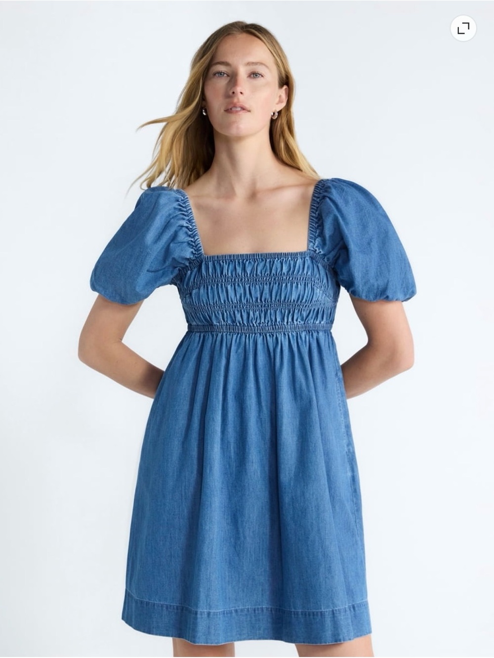 Smocked Square-Neck Denim Mini Dress in Blue